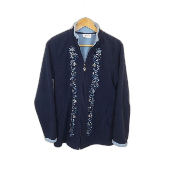 Denim & Co. Jackets & Blazers - Denim & Co Fleece Jacket Womens L Navy Blue Embroidered Snowflake Zip Excellent